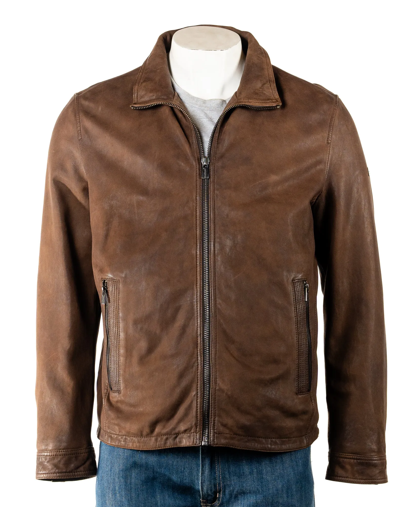 Men's Smart Brown Leather Coat with Removable Double Collar: