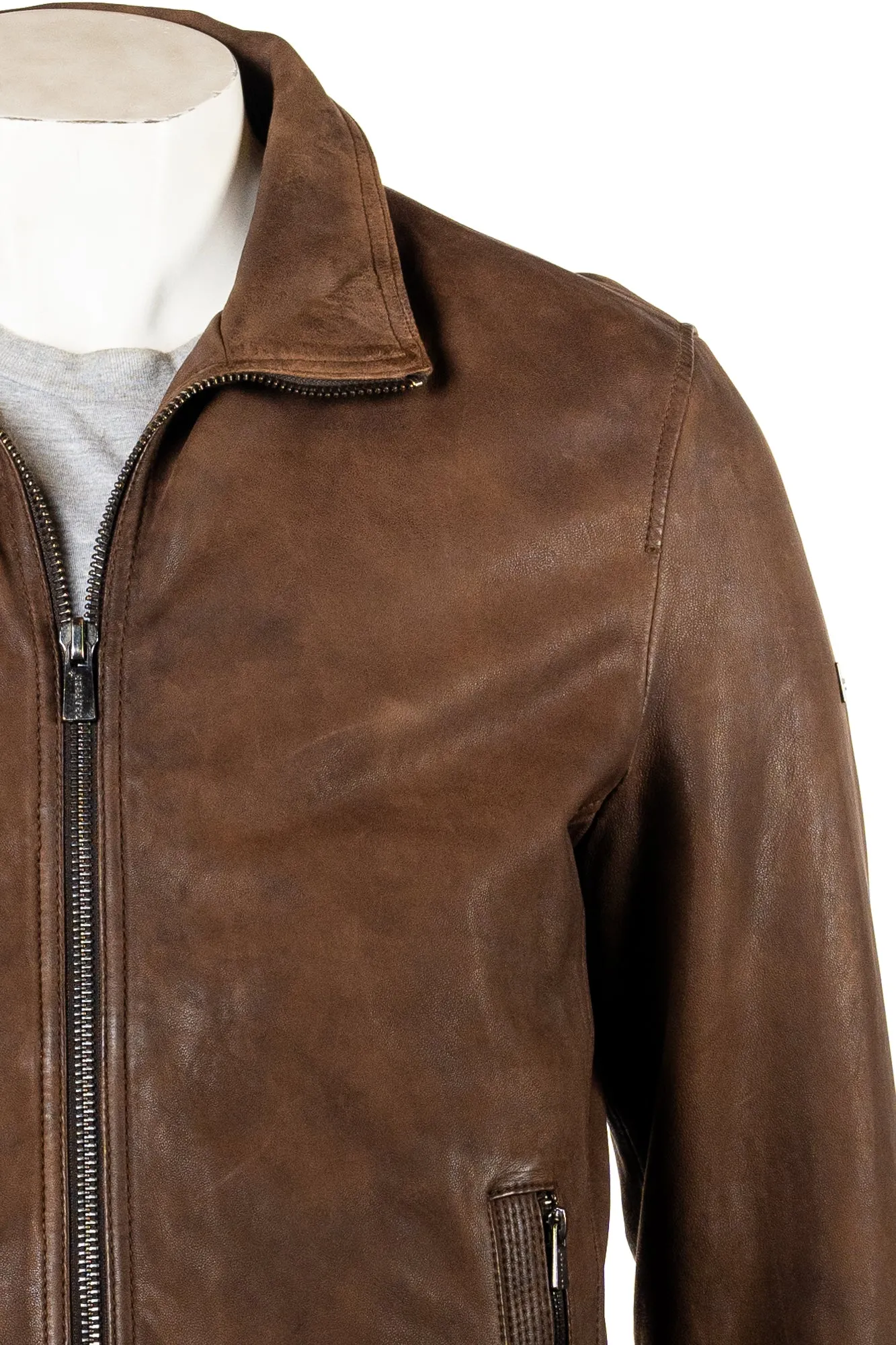 Men's Smart Brown Leather Coat with Removable Double Collar: