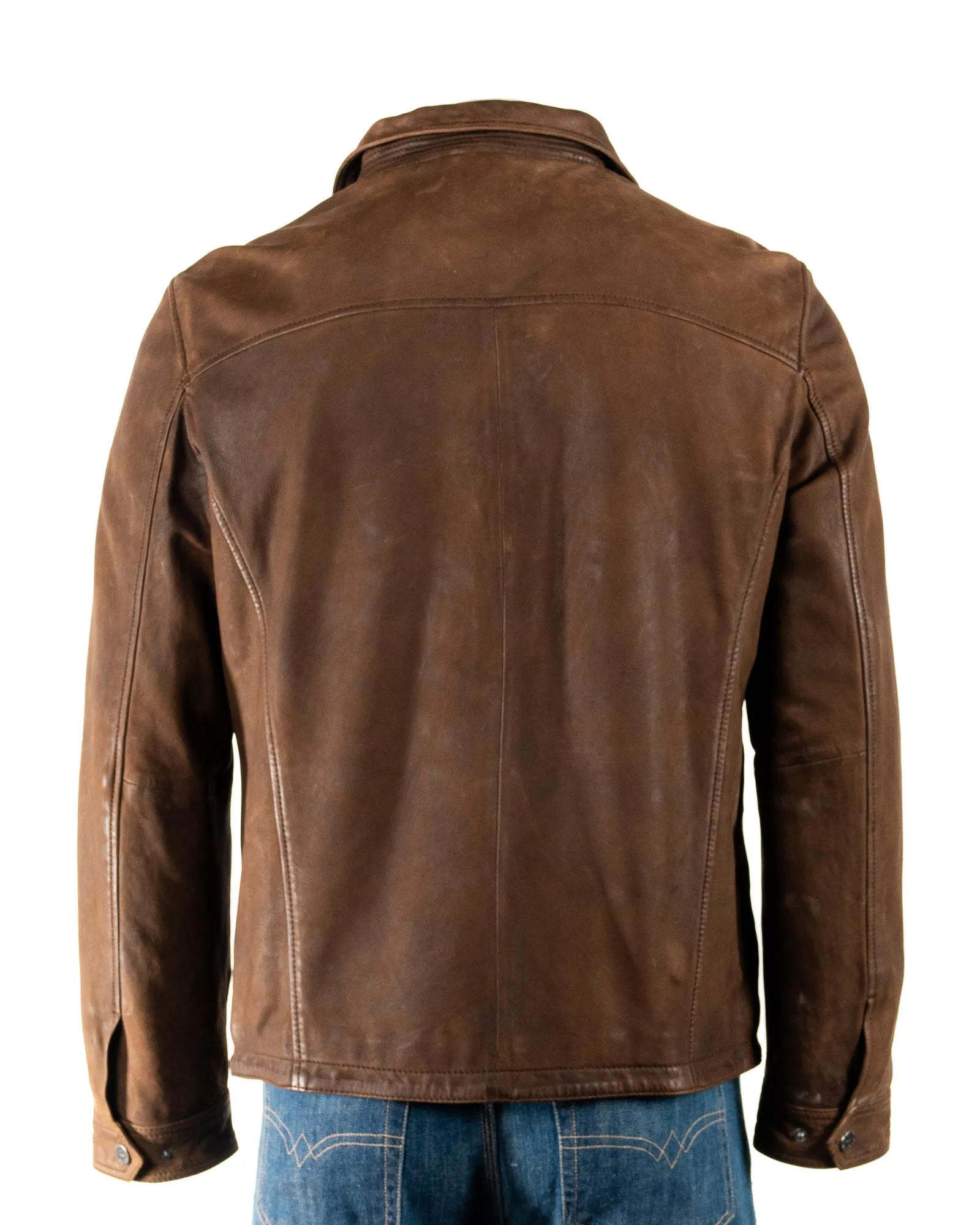 Men's Smart Brown Leather Coat with Removable Double Collar: