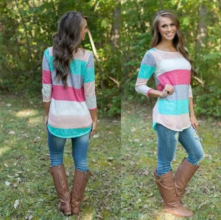 Multicolor Pullover Blouse Tees Color Stripes Stitching Hoody Women Long Sleeve Charm Tops Blouses SM6