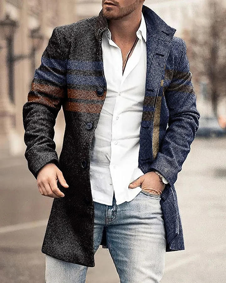 New Men's Woolen Stand Collar Medium Long Pocket Casual Coat