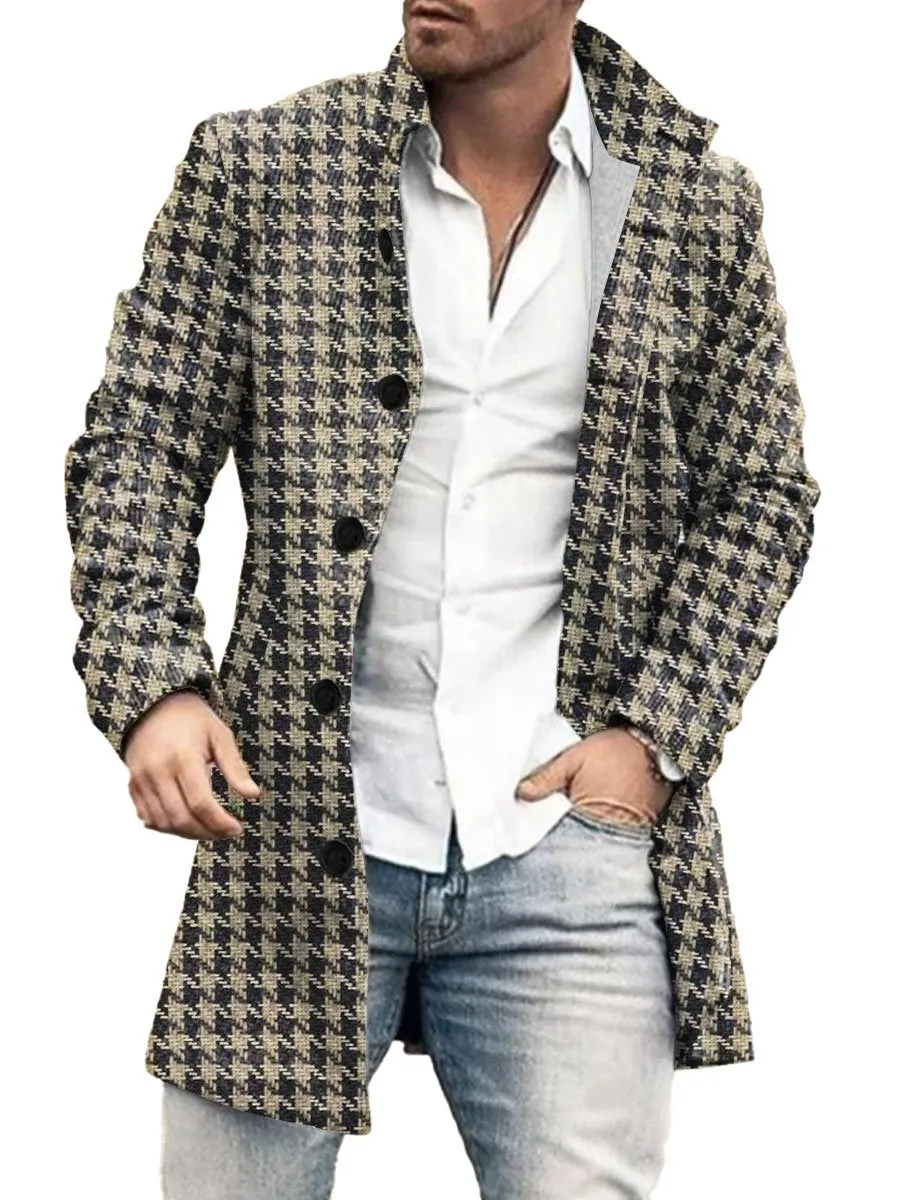 Retro Houndstooth Print Stand Collar Double Pocket Woolen Coat