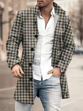 Retro Houndstooth Print Stand Collar Double Pocket Woolen Coat