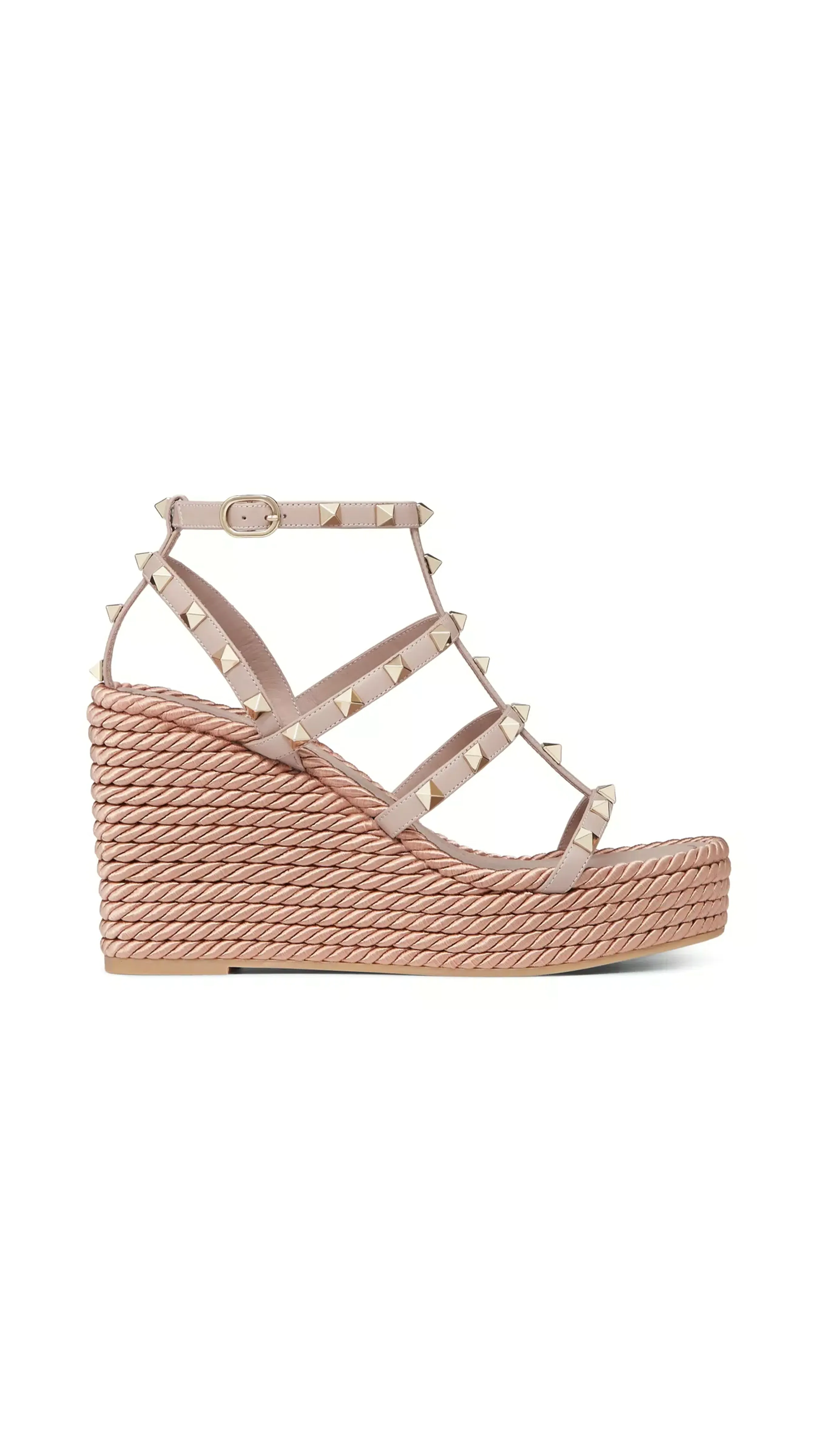 Rockstud Ankle Strap Wedge Sandal in Calfskin Leather 95MM - Poudre