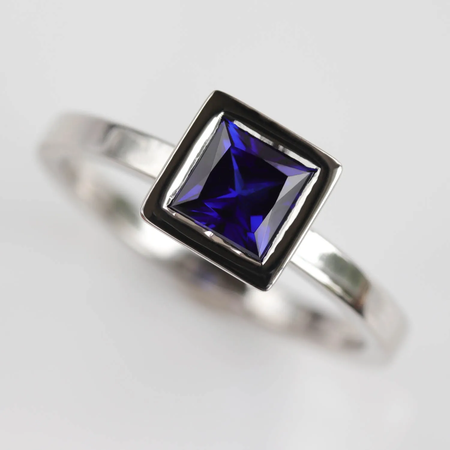 Square Solitaire with Dark Blue Chatham Sapphire