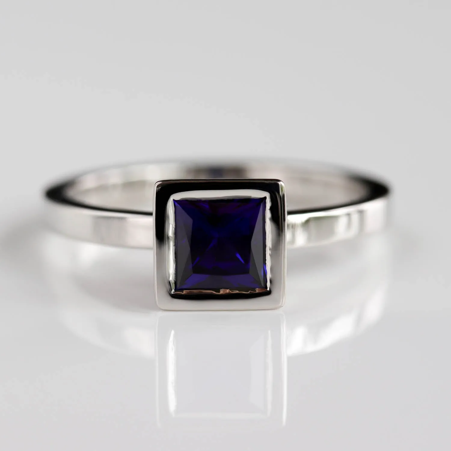 Square Solitaire with Dark Blue Chatham Sapphire