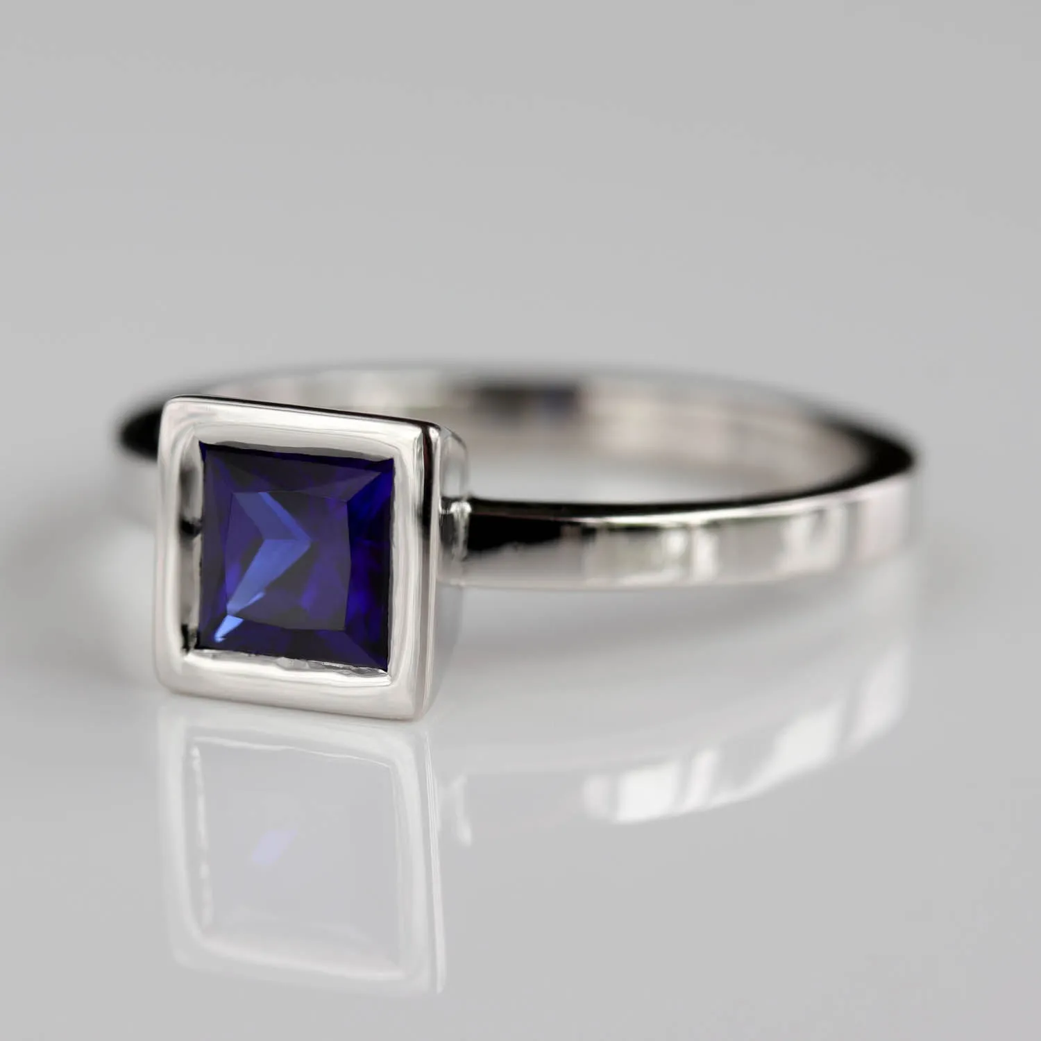 Square Solitaire with Dark Blue Chatham Sapphire