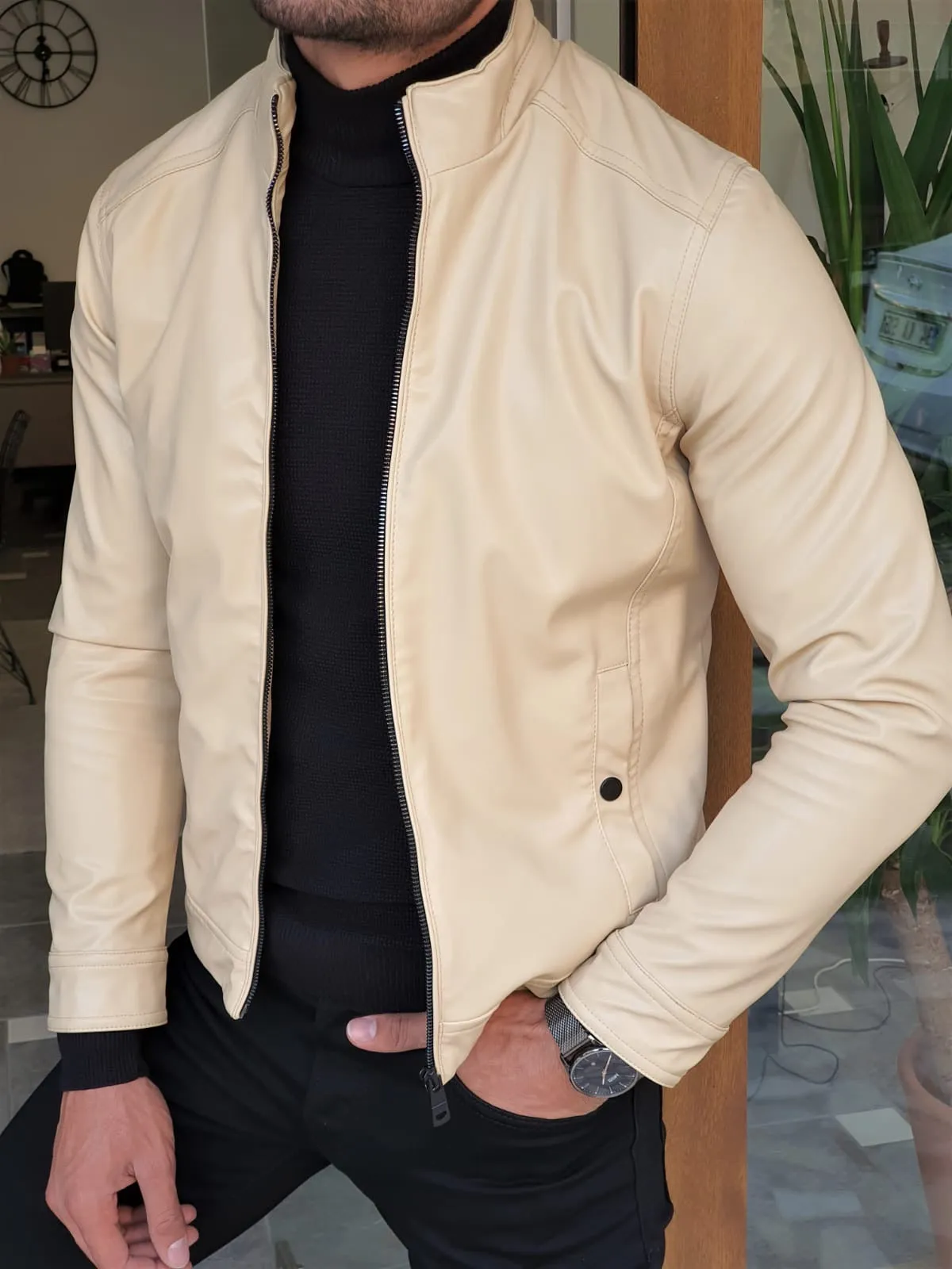 Stefano Beige Slim Fit Leather Coat