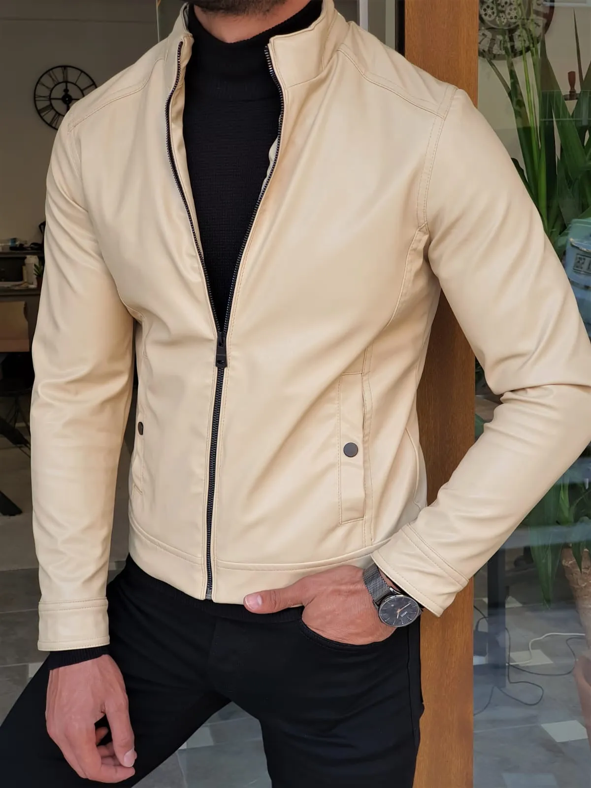 Stefano Beige Slim Fit Leather Coat