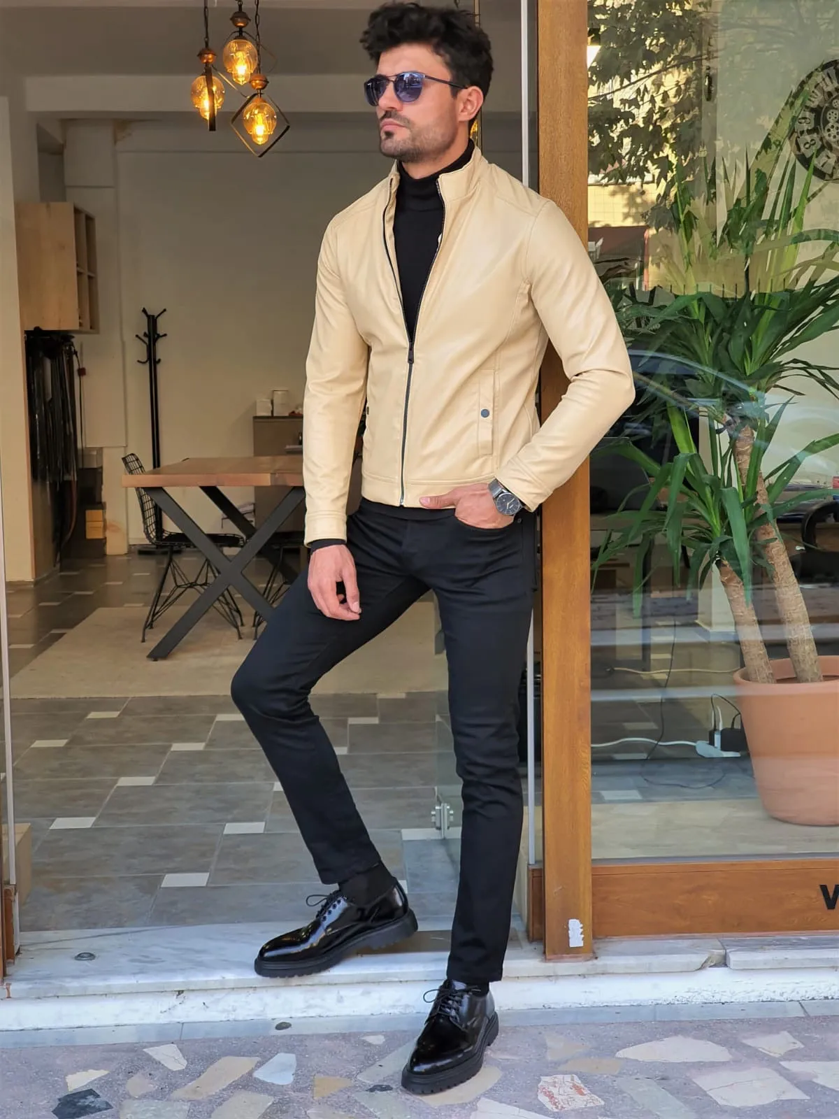 Stefano Beige Slim Fit Leather Coat