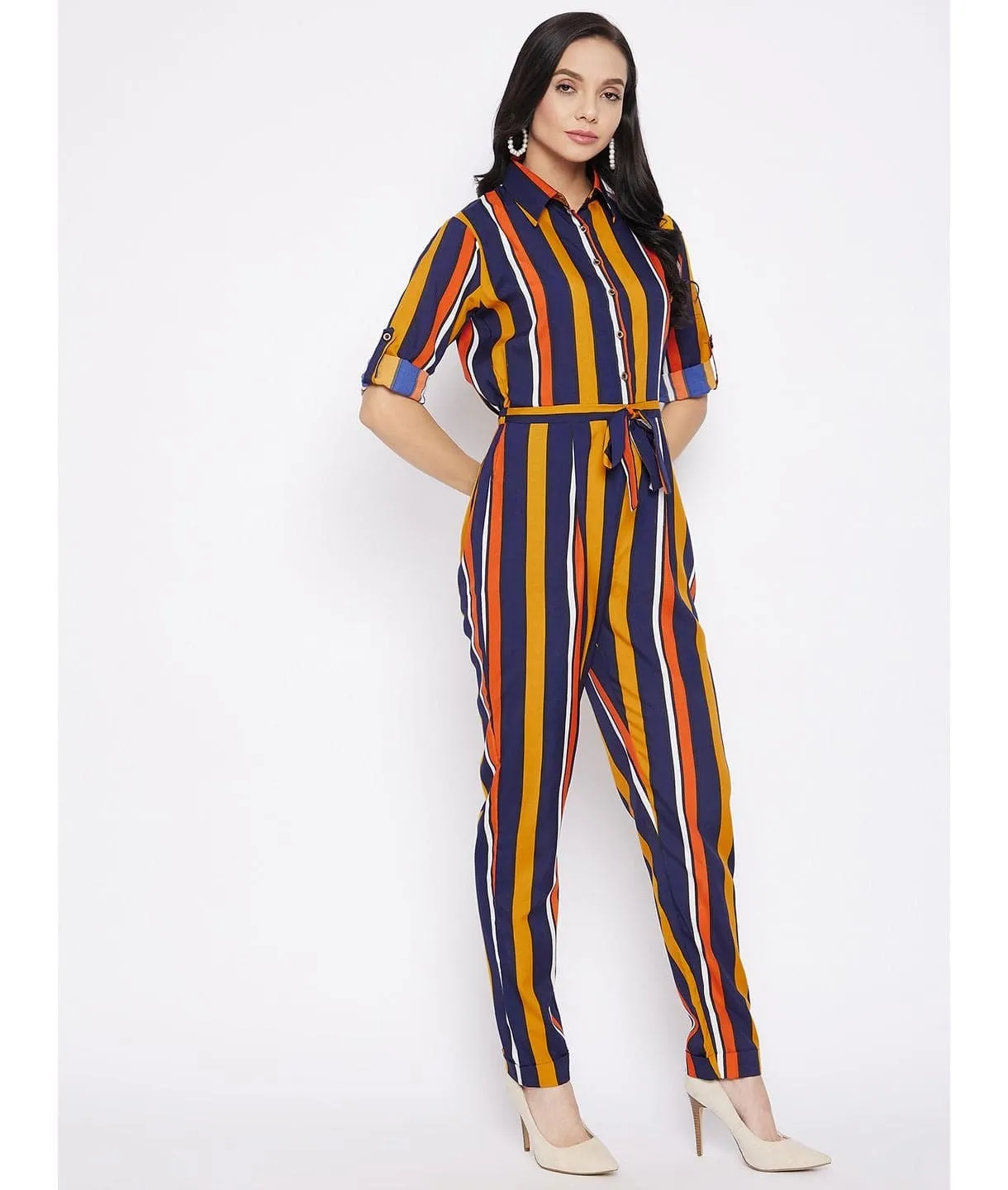 Striped Roll Up Jumpsuit