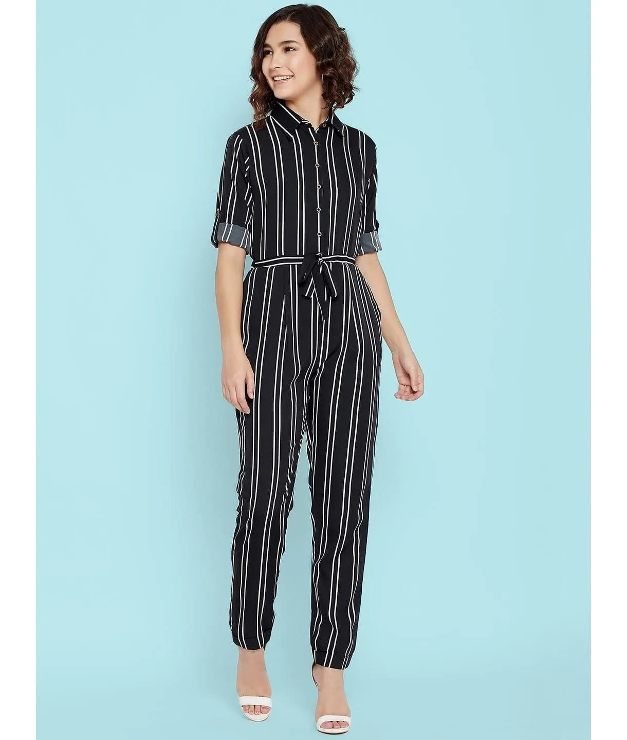 Striped Roll Up Jumpsuit