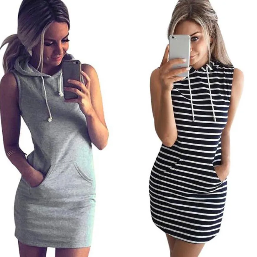 Summer Dress Striped Hoody Sleevelss Casual MIni Short Solid Ladies Summer Dress Vestido De Verano#B715 SM6