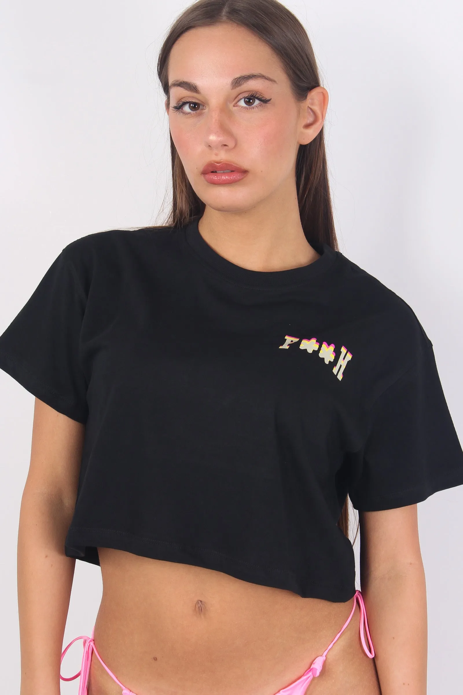 T-shirt Crop Stampa Retro Nero