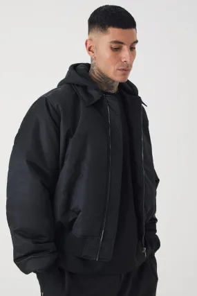 Tall Collared Boxy Bomber Jacket With Jersey Knit Hood In Black