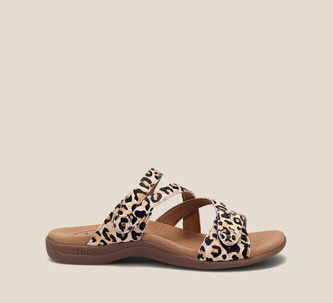 Taos Womens Double U Strap Sandal- Tan Leopard Print