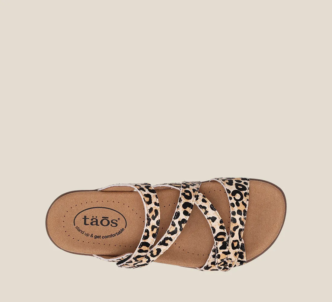 Taos Womens Double U Strap Sandal- Tan Leopard Print