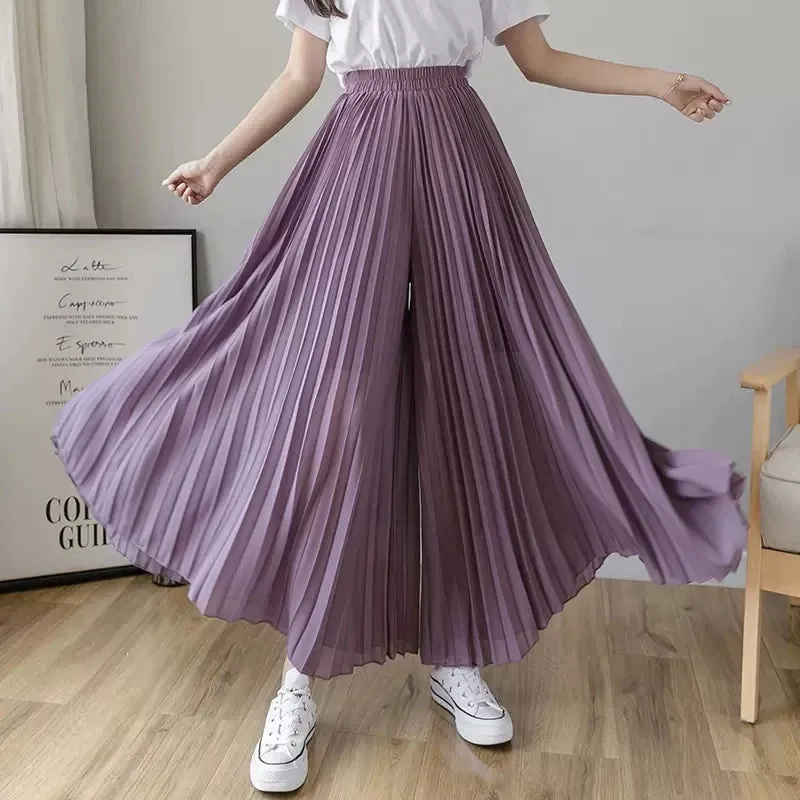 Thin Chiffon Pleated  High waist Elastic Wide-leg pants