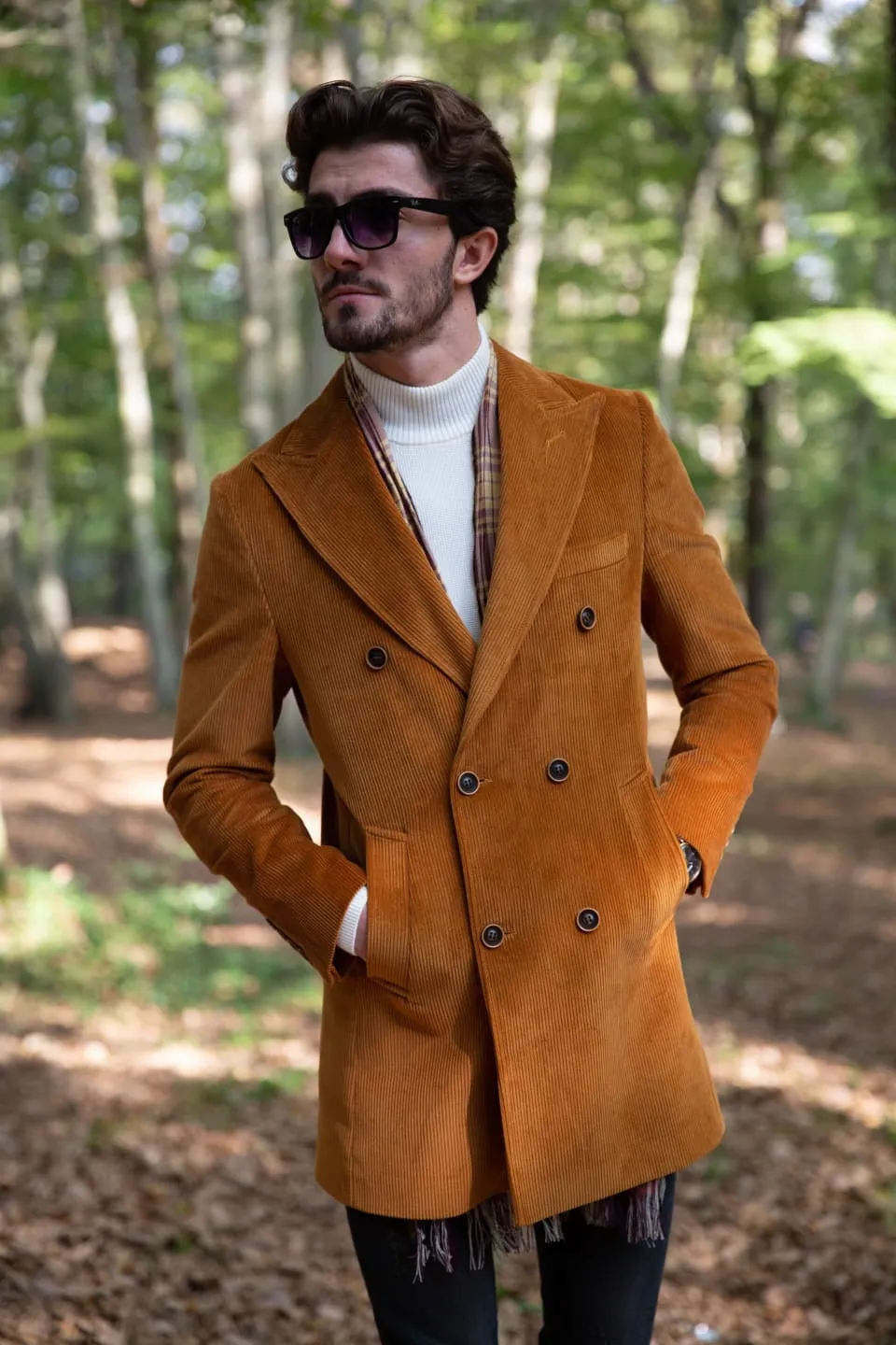 Twink Brown Slim Fit Double Breasted Long Coat