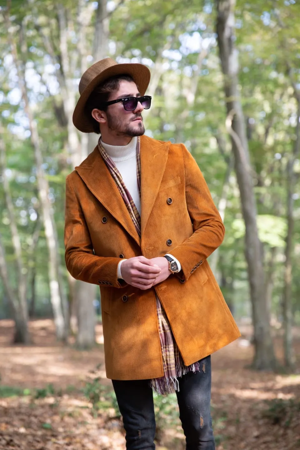 Twink Brown Slim Fit Double Breasted Long Coat