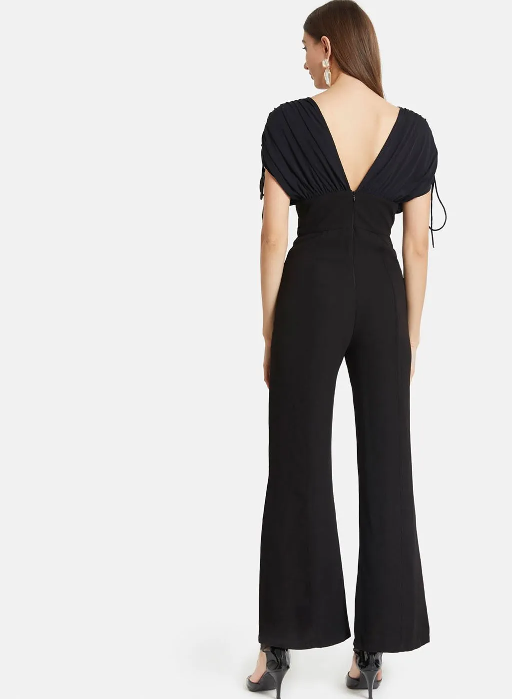 V-Neckv Overlay Gathered Sleeves Jumpsuit