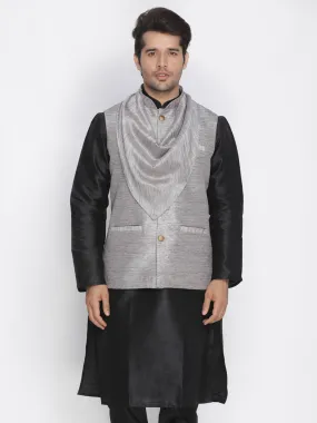 VASTRAMAY Men's Grey Cotton Silk Blend Ethnic Jacket