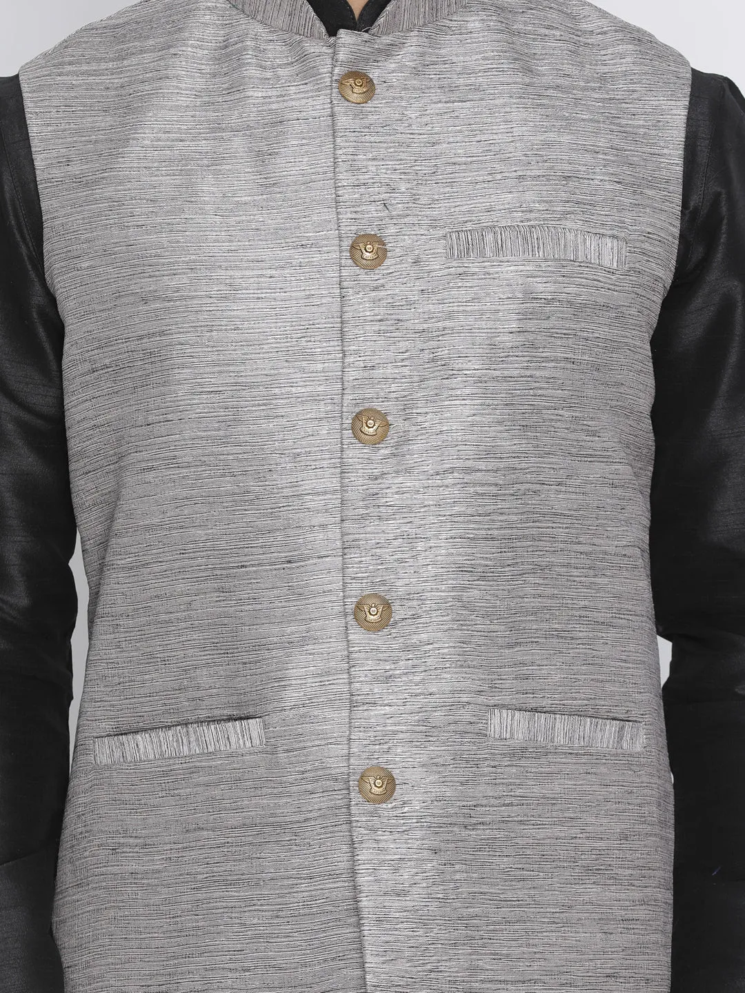 VASTRAMAY Men's Grey Cotton Silk Blend Ethnic Jacket