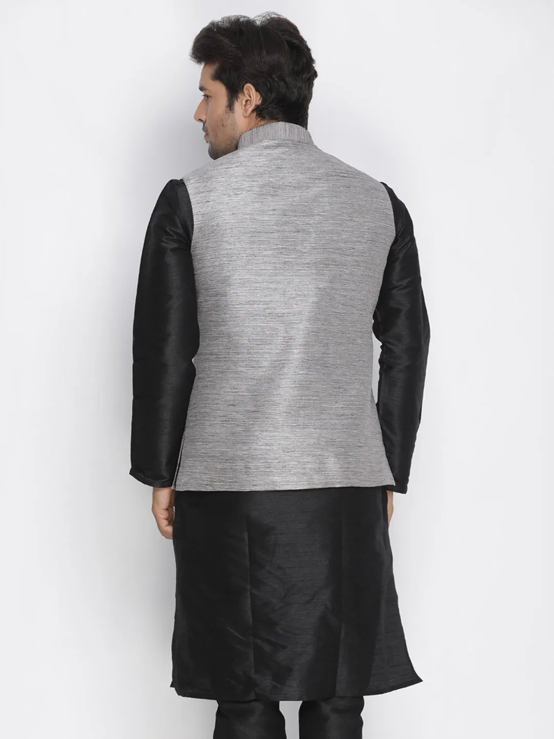 VASTRAMAY Men's Grey Cotton Silk Blend Ethnic Jacket