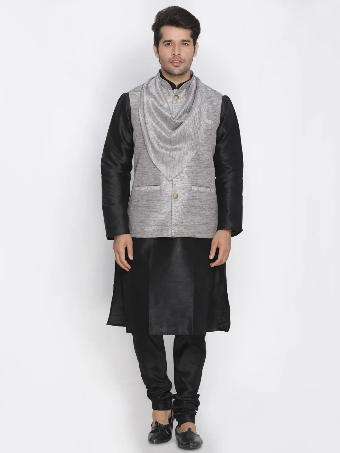 VASTRAMAY Men's Grey Cotton Silk Blend Ethnic Jacket