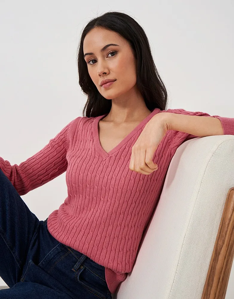 Women's Heritage Cable Knit Cotton Cashmere V Neck Jumper from Crew Clothing Company