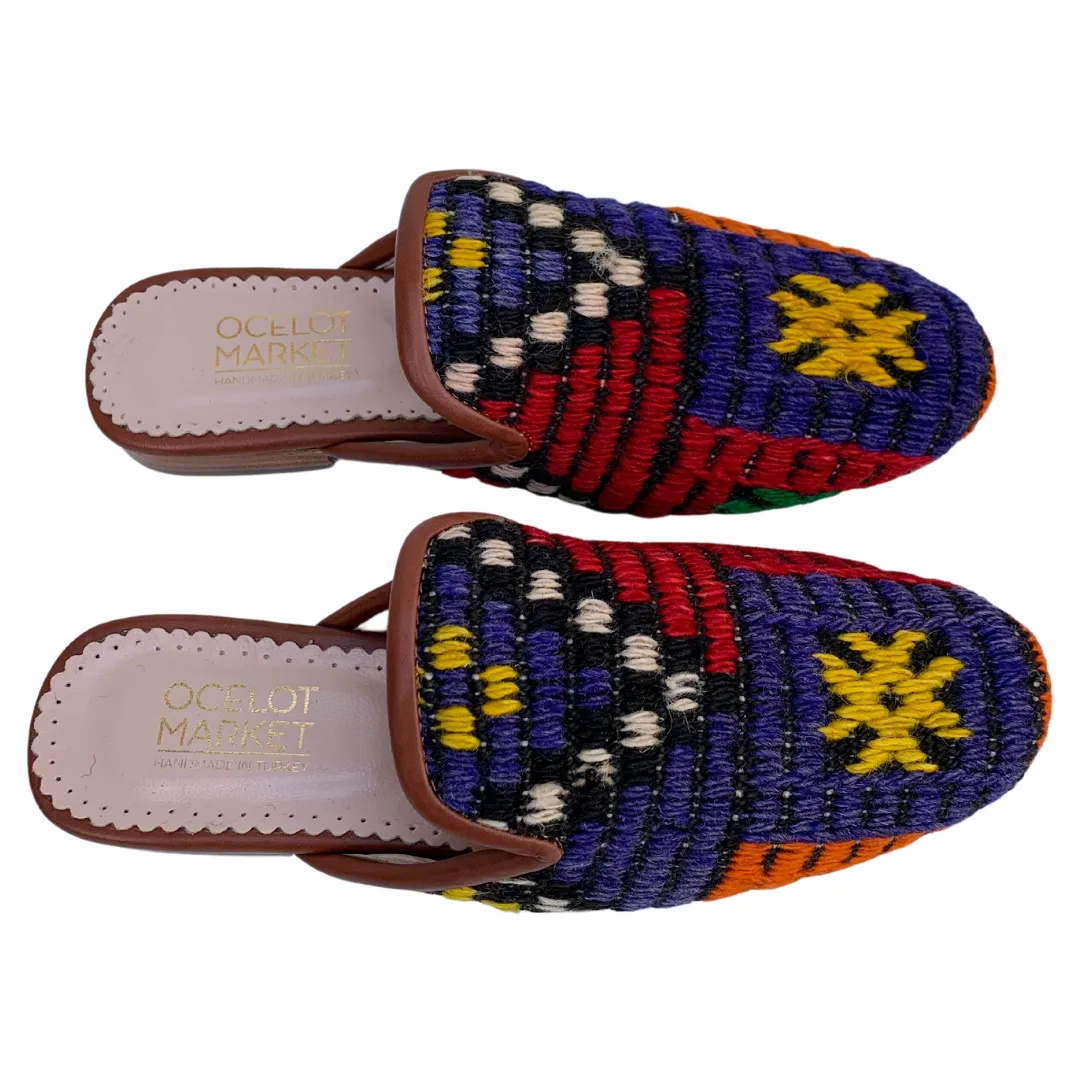 Women's Turkish Kilim Mules | Blue with Pattern