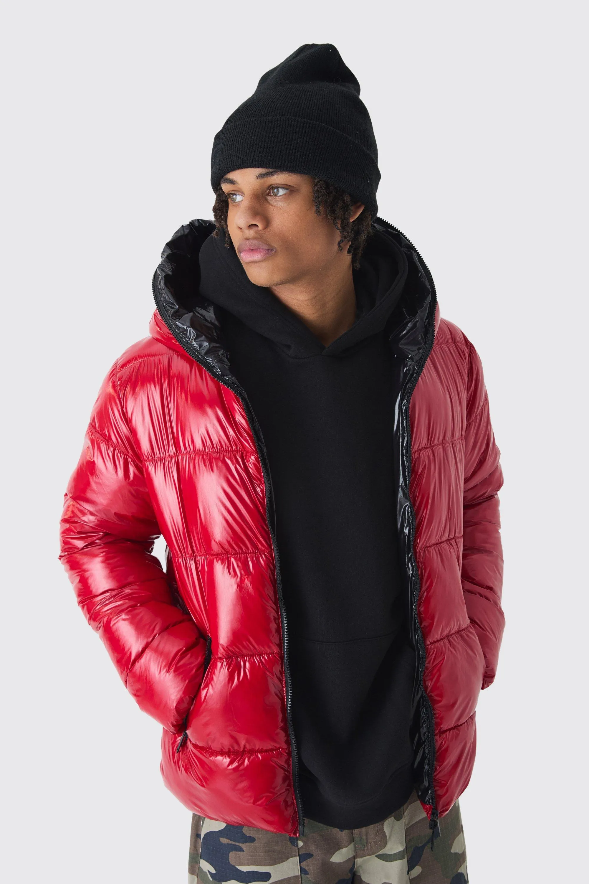 Zip Hood Vinyl Hi Shine Puffer Jacket In Red